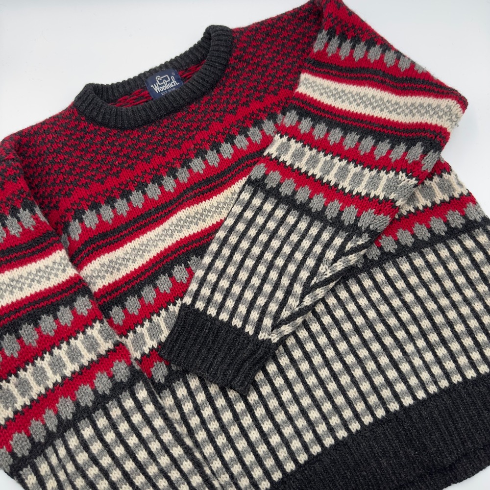 Woolrich Sweater Mens L Red Gray Excellent 100% Wool Fair Isle Vintage Knit